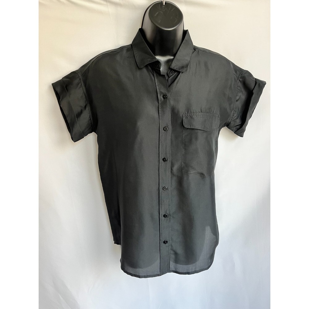Everlane 100% Silk Black Button Down Short Sleeve Blouse Size XS Essential Basic